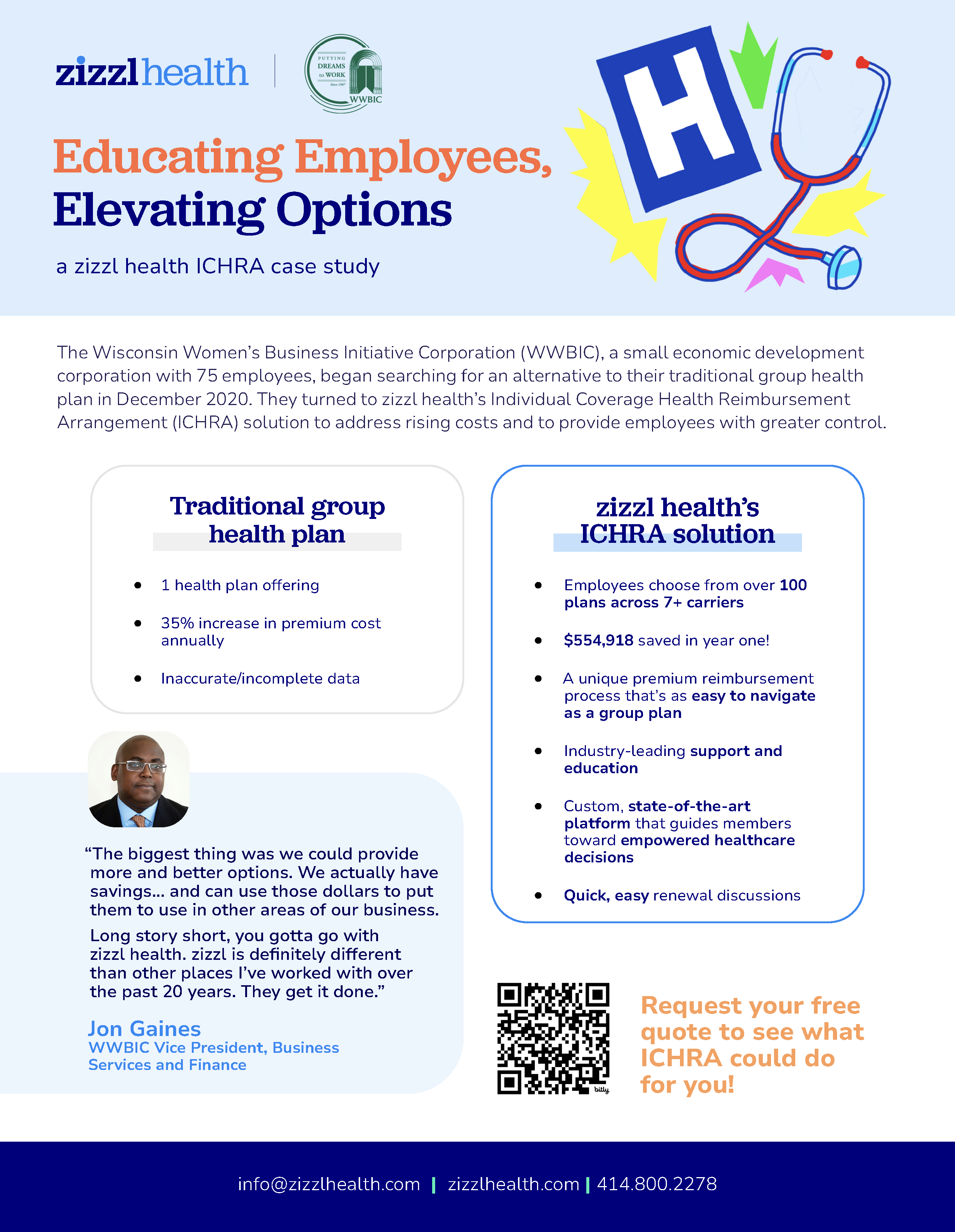 WWBIC ICHRA case study showing $554,918 in first-year savings and expanded employee choice from more than 100 health plans.