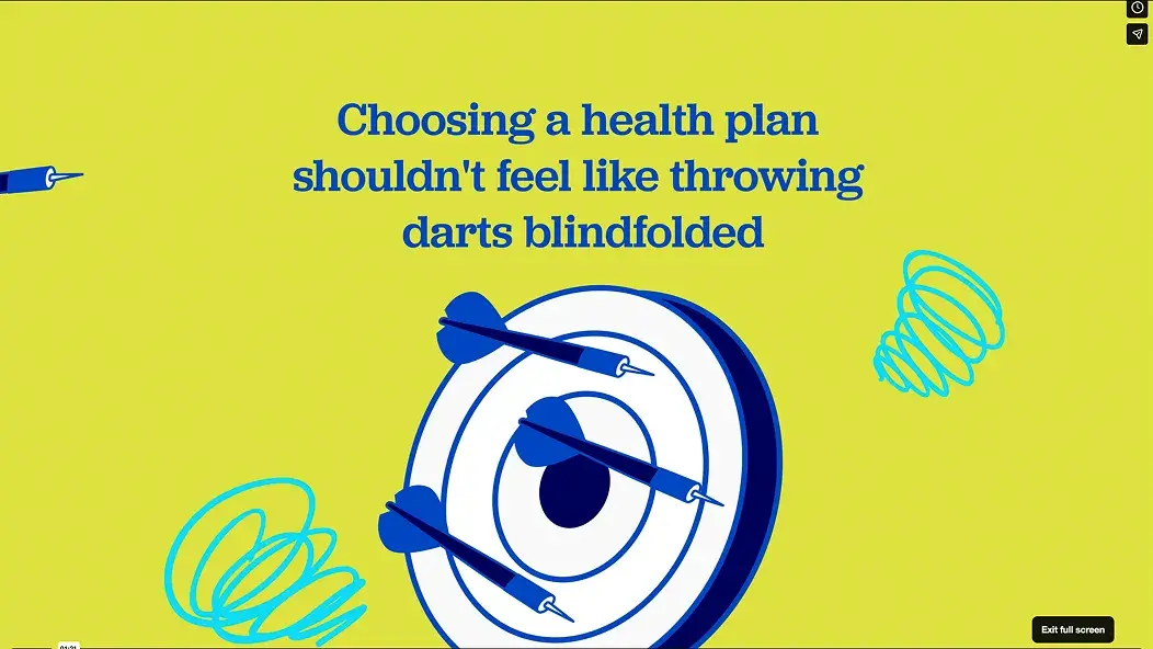 Illustration of darts hitting a bullseye, captioned “Choosing a health plan shouldn’t feel like throwing darts blindfolded.”
